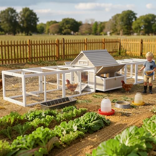Ketive Extra Large Chicken Coop with 2 Runs for 8–10 Chickens Outdoor Wooden Hen House Poultry Cage with 6 Nesting Boxes, Dual Ramp Doors, Slide-Out Tray & Curved Roof (198.6" L x 38" W x 40.2" H) - size: 198.6"L x 38.0"W x 40.2"H