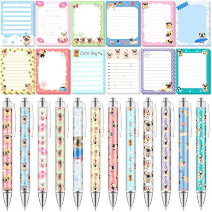 Dispowreath 24 Pcs Pug Sticky Notes with Pens Dog Puppy Themed Party Favors Gifts Cute Notepad Memo Notes Pads Black Ink Ballpoint Pen for Pug Lover Christmas Gifts Office - style: Pug