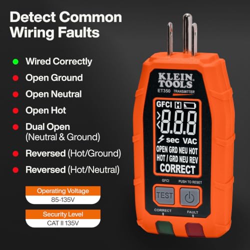 Klein Tools ET350 4-in-1 Digital Circuit Breaker Finder, Outlet Fault Detector, Non-Contact Voltage Tester, GFCI Tester, Learn and Locate Mode, Backlit LCD, LED Work Light