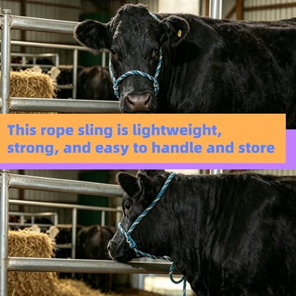 Cattle Rope Halter - 68.9 Inch Heavy Duty 0.394in Thick Polyester Braided Livestock Tactical Gear in Blue White - Flexible Calf Harness and Cow Lead for Farm Fence Tying and Stable Use