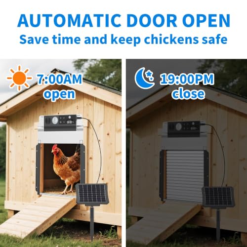 Automatic Chicken Coop Door, Solar Powered Roll-Up Chicken Door with Light Sensor, Timer & Manual Mode, 2000mAh Battery, Aluminum Frame, Anti-Pinch, for Chicken Coop Size:9''x8.3''