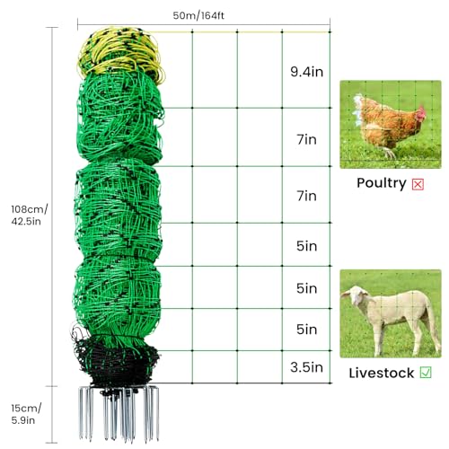 Electric Fence Netting, 164'L x 42.5" H Movable Livestock Nets for Sheep, Hogs, Cattle, PE Net Fencing Kit with 14 Posts Double Spiked, Electric Fencing for Backyards, Homesteaders, Farms Ranches - size: 164'L x 42.5"H