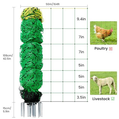 Electric Fence Netting, 164'L x 42.5" H Movable Livestock Nets for Sheep, Hogs, Cattle, PE Net Fencing Kit with 14 Posts Double Spiked, Electric Fencing for Backyards, Homesteaders, Farms Ranches - size: 164'L x 42.5"H