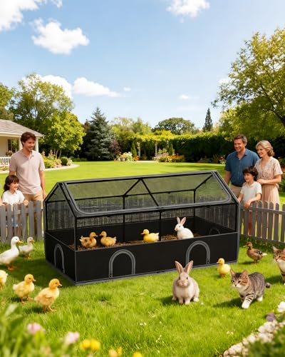 DINMO Small Animal Playpen, 65" Large Chicken Brooder Box with Cover, Waterproof Indoor Outdoor Pet Cage with Sturdy Metal Frame for Bunny, Guinea Pig, Kitten, Puppy, Duck, Hamster, Hedgehog & Black