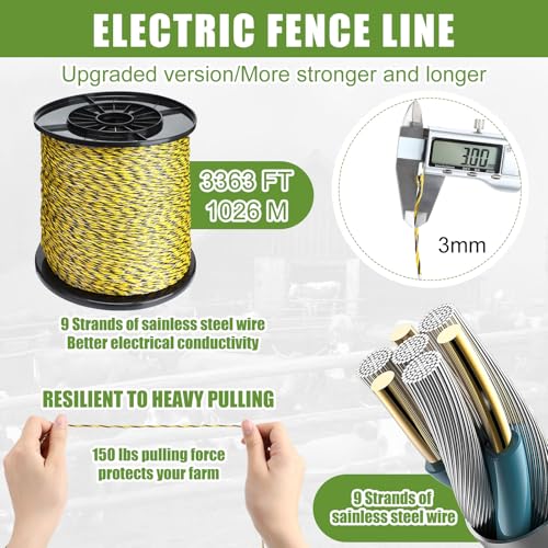 MorningRo 8 Mile Electric Fence for Livestock, 12kv 2j Electric Fence Charger, 3366 ft Polywire, 40 T Post Insulator, 20 Screw in Insulator for Horse Cattle Pasture