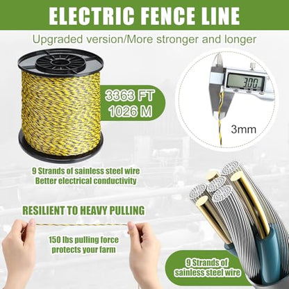MorningRo 8 Mile Electric Fence for Livestock, 12kv 2j Electric Fence Charger, 3366 ft Polywire, 40 T Post Insulator, 20 Screw in Insulator for Horse Cattle Pasture