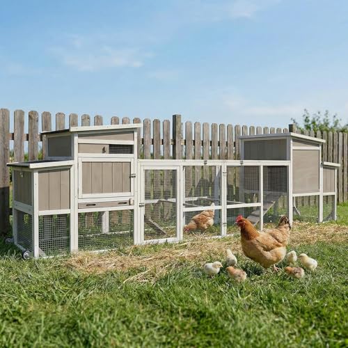 Chicken Coop with Wheels and Handle, 158" Mobile Chicken House for 4-8 Chickens with Run Outdoor, 2-Story Wooden Poultry Cage with Nesting Box, Removable Tray, Waterproof Roof for Hen, Rabbits, Ducks - size: 158.0"L x 23.6"W x 39.0"H