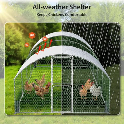 Large Metal Chicken Coop, Walk-in Chicken Run with Feeding Door, Security Lock and Cover, Outdoor Duck/Rabbit Cage Poultry Pen for Backyard, Farm, Yard (Silver - Dome Roof, 26.2 x 9.8 x 6.6 FT) - size: 314.0"L x 118.1"W x 78.7"H