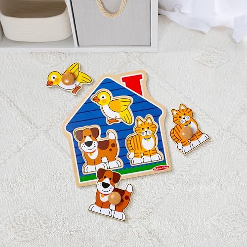 Melissa & Doug Pet Animals Jumbo Knob Puzzle, Wooden Peg Puzzle for Toddlers, Educational Toy for Shape Recognition and Fine Motor Skills, Ages 1+ - style: Pets