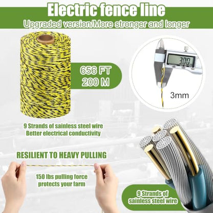 MorningRo Electric Wire Fence Kit, 25 Mile 110vac 1 J Plug in Fence Charger with 656 ft Polywire, 40 T Post Insulators, 20 Screw in Insulators for Pasture Farm Horse Cattle Poultry Fencing - size: 656FT, style: 1J