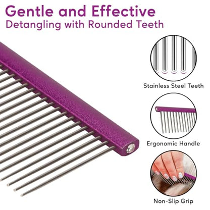 Pet Comb 8 inches Comfortable Grooming Comb with Different-Spaced Rounded Stainless Steel Teeth, Easy Grip and Convenient Grooming for Pets Dog Cat with Medium Coarse Fur - Purple - size: 8"