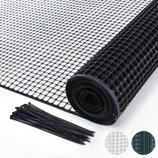 PotatoLife Plastic Hardware Mesh Netting, Garden Netting, Temporary Fence, Tree Guards, Safety Net for Balcony, Deck, Stair Railing, Animal Barrier, Poultry, Deer, with 50 Zip Ties, 40'' x 25', Black - color: Black, size: 40'' x 25'