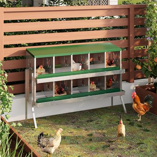 10-Compartment Metal Chicken Nesting Box - with Perch, Secure Lid & Metal Legs, Wall-Mount or Free-Standing Nesting Boxes for Hens - color: green, size: 10 Compartments with legs
