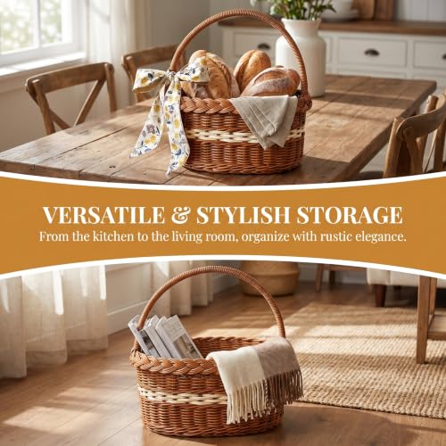 Wicker Basket with Handles, PP Woven Empty Picnic Basket, Vintage Hand Woven Hamper for Picnics Easter Egg Gathering Camping Mother's Day Wedding Birthday Party Supplies, Style F