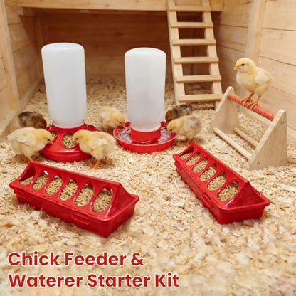 Chick Feeder & Waterer Starter Kit with 2 Trough Feeders and Roost Bar – No-Leak Baby Chick Waterer and Feeders Set for Chicks, Ducklings, Quail & Small Poultry – Essential Brooder Supplies
