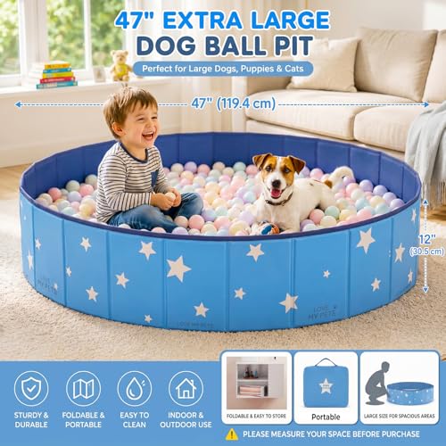 47in Extra Large Dog Ball Pit – Foldable Pet Playpen Ball Pool for Large Dogs, Puppies and Cats, Indoor Outdoor Playpen (Balls Not Included) (Blue)