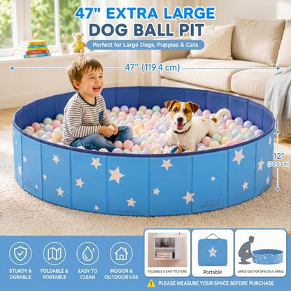 47in Extra Large Dog Ball Pit – Foldable Pet Playpen Ball Pool for Large Dogs, Puppies and Cats, Indoor Outdoor Playpen (Balls Not Included) (Blue)