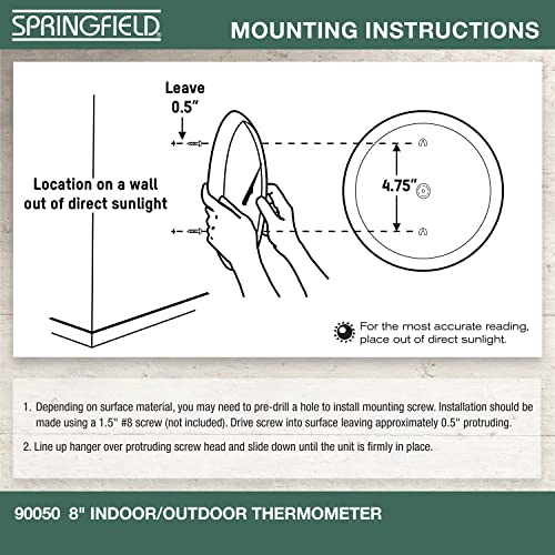 Springfield Indoor Outdoor Big and Bold Dial Thermometer, Wireless Thermometer with Easy to Read Large Numbers for Patio, Pool, and Indoor Areas, 8-Inch, White