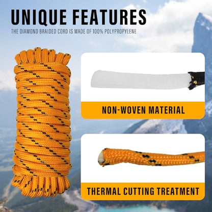 Diamond Braided Polypropylene Rope Nylon Rope Mix Thick Heavy Duty Ropes 3/8'' 100ft High Strength Perfect for Clothesrope Camping Hiking and Other Outdoor Activities Orange - size: 3/8'' 100ft Orange