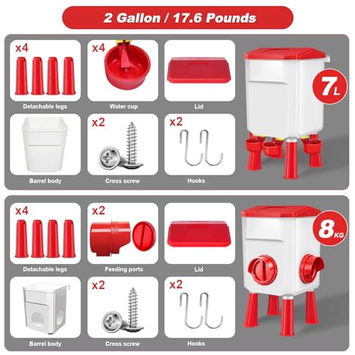 Chicken Feeder and Waterer Set 2 Gallon/17.6 Pounds, Automatic Chick Feeder and Waterer Set No Waste, Poultry Feeder Large for Hens/Ducks/Poultry - color: Red