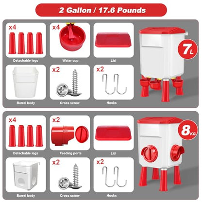 Chicken Feeder and Waterer Set 2 Gallon/17.6 Pounds, Automatic Chick Feeder and Waterer Set No Waste, Poultry Feeder Large for Hens/Ducks/Poultry - color: Red