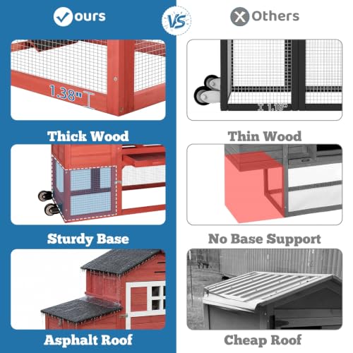 Chicken Coop with Wheels for 4-6 Chickens, Mobile Hen House with Run, Outdoor Chicken Coop, Ventilated Window, Easy-Clean Nesting Box, Weatherproof Asphalt Roof, 82.7” L x 25.6” W x 44.1” H, Red - color: Red