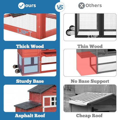 Chicken Coop with Wheels for 4-6 Chickens, Mobile Hen House with Run, Outdoor Chicken Coop, Ventilated Window, Easy-Clean Nesting Box, Weatherproof Asphalt Roof, 82.7” L x 25.6” W x 44.1” H, Red - color: Red
