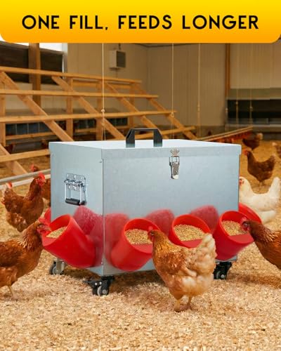Magicfly 40 lbs Chicken Feeder No Waste, Large Metal Automatic Chicken Feeder Box, 8 Bell-Mouth Feeding Port, with Handle and Wheels, Rat Proof Chick Feeder for Chickens, Ducks & Geese - size: 40 lb