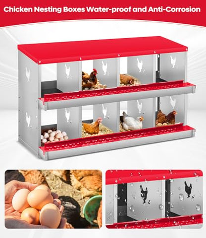 Chicken Nesting Box, 8 Compartment Metal Nesting Box,Wall Mount Chicken Nesting Boxes for Laying Eggs,Easy Egg Collection,8 Room Nest Boxes for Chickens - size: Red 8 Compartment