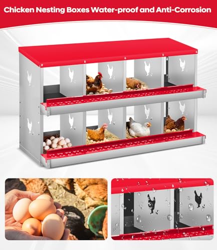 Chicken Nesting Box, 8 Compartment Metal Nesting Box,Wall Mount Chicken Nesting Boxes for Laying Eggs,Easy Egg Collection,8 Room Nest Boxes for Chickens - size: Red 8 Compartment
