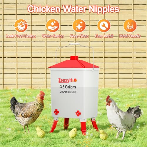 ZenxyHoC 3.6 Gal Chicken Waterer with Anti-Roost Cone, 3 Height Adjustable Locking Legs and 4 Horizontal Nipples for Backyard Flock - style: Waterer with Nipples