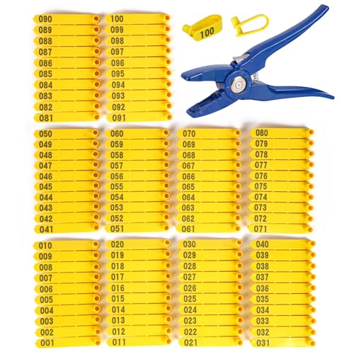 Small Livestock Ear Tags Numbered Sheep Ear Tags 001-100 with Livestock Ear Tag Applicator for Sheep and Goat - color: Yellow