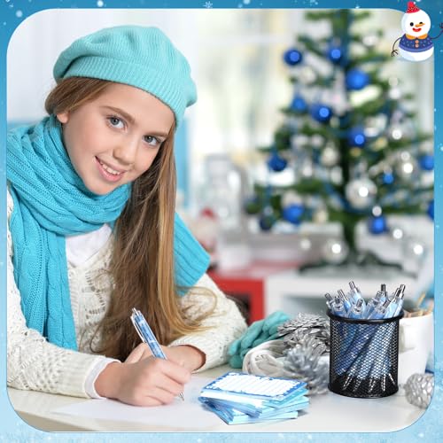 Dispowreath 24 Pcs Winter Sticky Notes with Pens Blue Snowflake Themed Gifts Self Adhesive Notepad Cute Memo Note Pads Black Ink Ballpoint Pen for Holiday Gifts Office Teacher Supplies - style: Blue Xmas