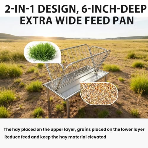 4FT Long Pasture Hay Feeder, 2 in 1 Durable Hay Feeder with Galvanized Steel Frame,Goat Hay Feeder with 6 in Deep Extra Feeding Pan, Livestock Feeder for Goats, Sheep and Horses, Silver - color: Silver