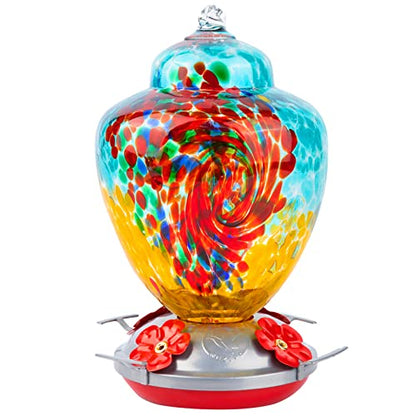 REZIPO Hummingbird Feeder with Perch - Hand Blown Glass - 38 Fluid Ounces Hummingbird Nectar Capacity Include Hanging Wires and Moat Hook (Half Green) - color: Half Green