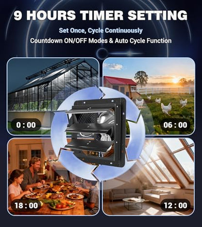 YOZON 12 Inch Attic Fan with Thermostat, Garage Exhaust Fan with Smart Temperature Humidity Controller, EC Motor, 1300 CFM, 10-Speed Adjustable for Chicken Coops, Greenhouses, Workshop Ventilation - size: 12 INCH