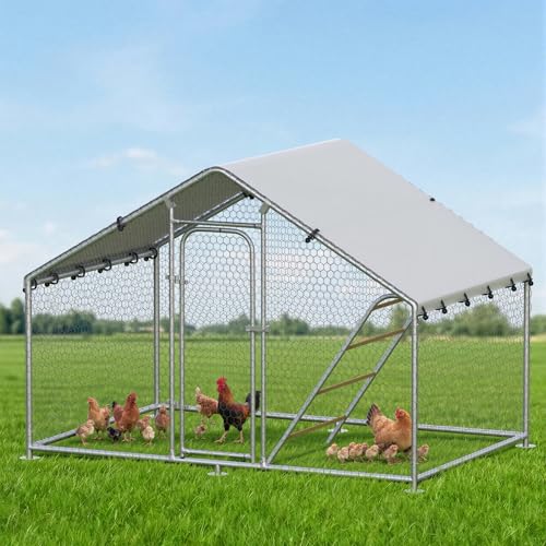 Large Metal Chicken Coop with Roosting Perch, Waterproof and UV-Resistant Cover,Chicken Run Outdoor Walk-in Cage Rabbit Duck Hen House for Yard Farm Use Spire Roof (10’ W x 4.9’ L x 6.4’ H) - size: 59.9"L x 118.0"W x 78.0"H