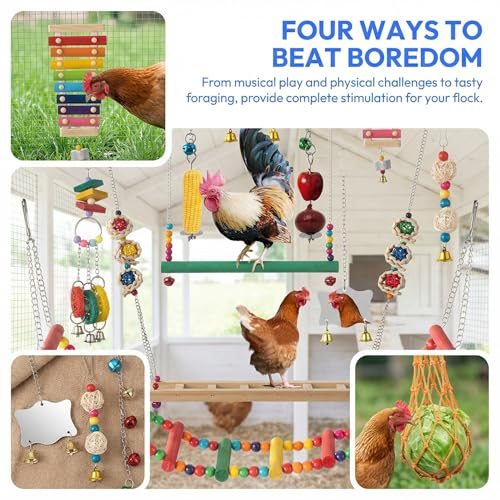 Little World Chicken Toys Complete Set of 12 – All-in-One Chicken Coop Accessories with Xylophone, Swing, Chicken Mirror, Ladder, Vegetable String Bag & Hanging Feeder Coop Toy for Happy Hens - size: 12PCS