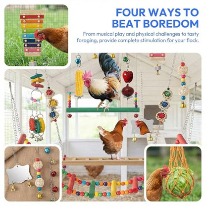 Little World Chicken Toys Complete Set of 12 – All-in-One Chicken Coop Accessories with Xylophone, Swing, Chicken Mirror, Ladder, Vegetable String Bag & Hanging Feeder Coop Toy for Happy Hens - size: 12PCS