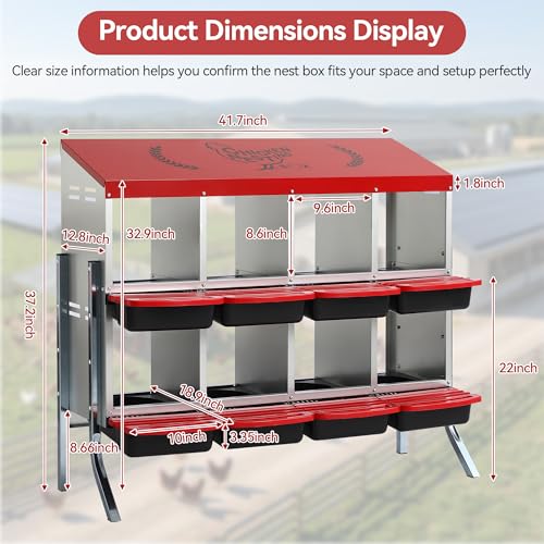 8 Holes Metal Chicken Nesting Box, Heavy-Duty Rustproof Egg Laying Box with Roll Away Tray & Bracket Legs, Nest Boxes for Hens - Easy Egg Collection & Cleaning, Red (8 Holes)