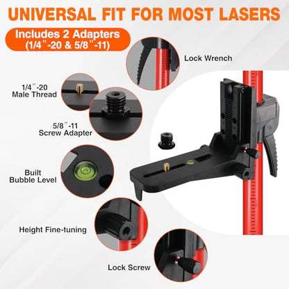 12Ft Telescoping Laser Level Pole with Tripod - Adjustable Laser Stand with Dual Thread Adapter (1/4"-20 & 5/8"-11) for Rotary and Line Lasers, Includes Carrying Case & Bubble Level(Black&Red) - color: Black&red
