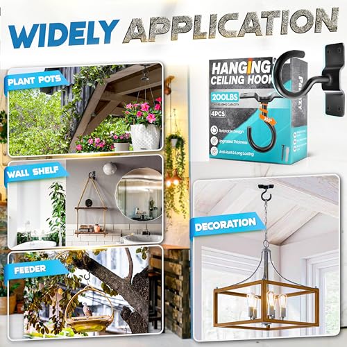 [UPGRADED] 4Pcs 200LBS Rotatable Ceiling Hooks with 4 Screw Points Base, Wall Mount Metal Hanger Black Ceiling Hook for Hanging Plant, Bird Feeder, Lights, Bed Canopy, Wind Chime, Indoor Outdoor Decor - style: 4PCS