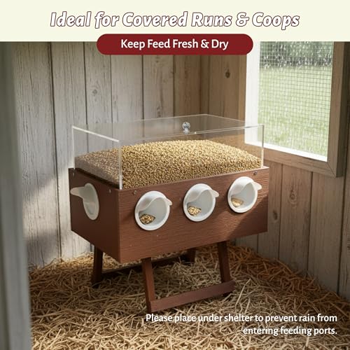 KOL No-Waste Chicken Feeder, 22LB Poultry Feeder with 6 Anti-Spill Ports, Clear-View HIPS & Acrylic Design, Foldable Stand for Hens and Chicks – Automatic Gravity-Flow Feeder