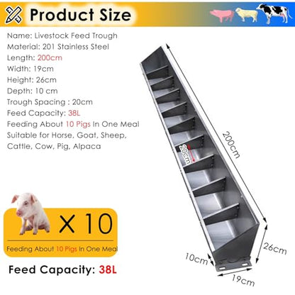 2-in-1 Livestock Feed Trough with Multiple Compartments - Efficient Feeding Solution for Swine, Sheep, and Horses - Durable Design for Farms and Stables - size: 200cm Long with 10 Bit