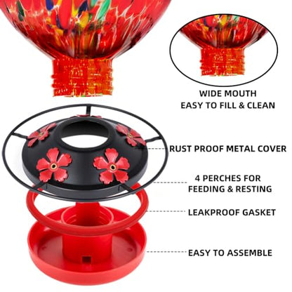 REZIPO Hummingbird Feeder with Perch - Hand Blown Glass - 38 Fluid Ounces Hummingbird Nectar Capacity Include Hanging Wires and Moat Hook (Red-fire) - color: Red-fire