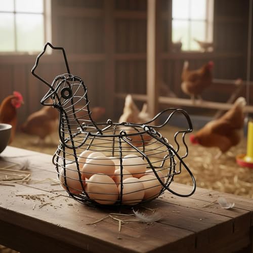 MyGift Rustic Chicken Wire Egg Basket - Black Metal Hen Shaped Egg Holder for Kitchen Counter Storage & Easter Decor, Farmhouse Table Centerpiece