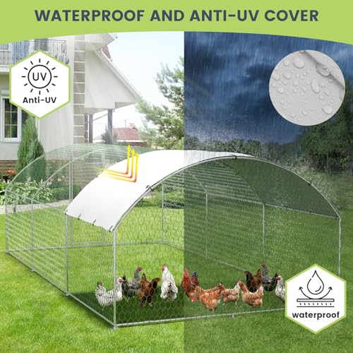 Large Metal Chicken Coop, Large Chicken Coop for Yard, Walk-in Poultry Cage with Waterproof and Anti-Uv Cover, Chicken Run for Outdoor Backyard Farm, Doom Roof, 9.8×19.7×6.6ft - size: 9.8 x 19.7 x 6.6 ft