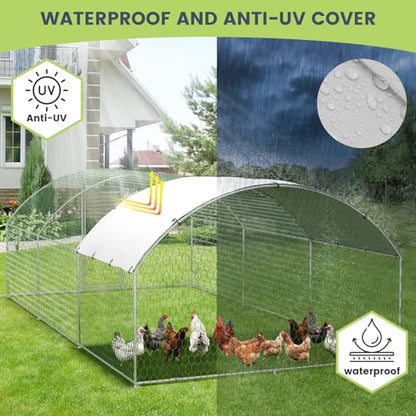 Large Metal Chicken Coop, Large Chicken Coop for Yard, Walk-in Poultry Cage with Waterproof and Anti-Uv Cover, Chicken Run for Outdoor Backyard Farm, Doom Roof, 9.8×19.7×6.6ft - size: 9.8 x 19.7 x 6.6 ft