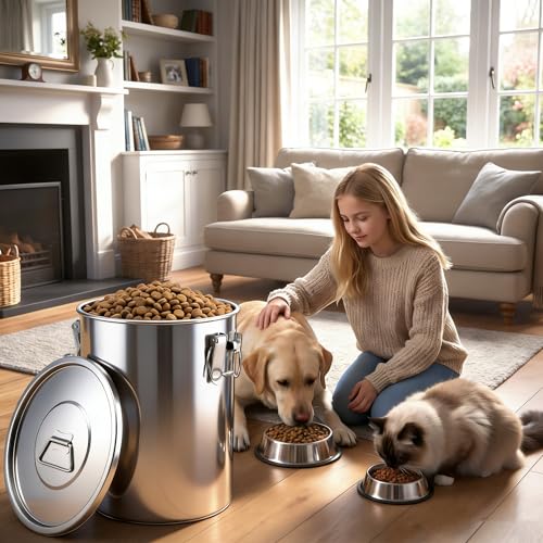 304 Stainless Steel Dog Food Storage Container, 35LB/40LB Airtight Pet Food Container with Locking Lid & Silicone Seal, Large Metal Food Storage Bin for Dry Dog/Cat Food, Rice, Flour (35 LBS) - size: 35 LBS
