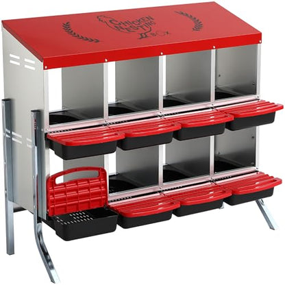 8 Holes Metal Chicken Nesting Box, Heavy-Duty Rustproof Egg Laying Box with Roll Away Tray & Bracket Legs, Nest Boxes for Hens - Easy Egg Collection & Cleaning, Red (8 Holes)